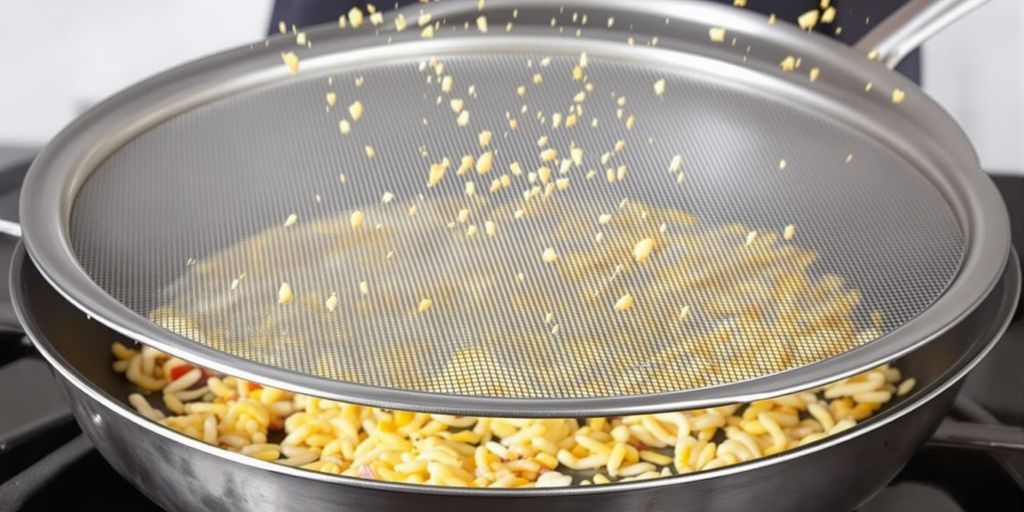 Heavy-duty splatter screens over a frying pan.