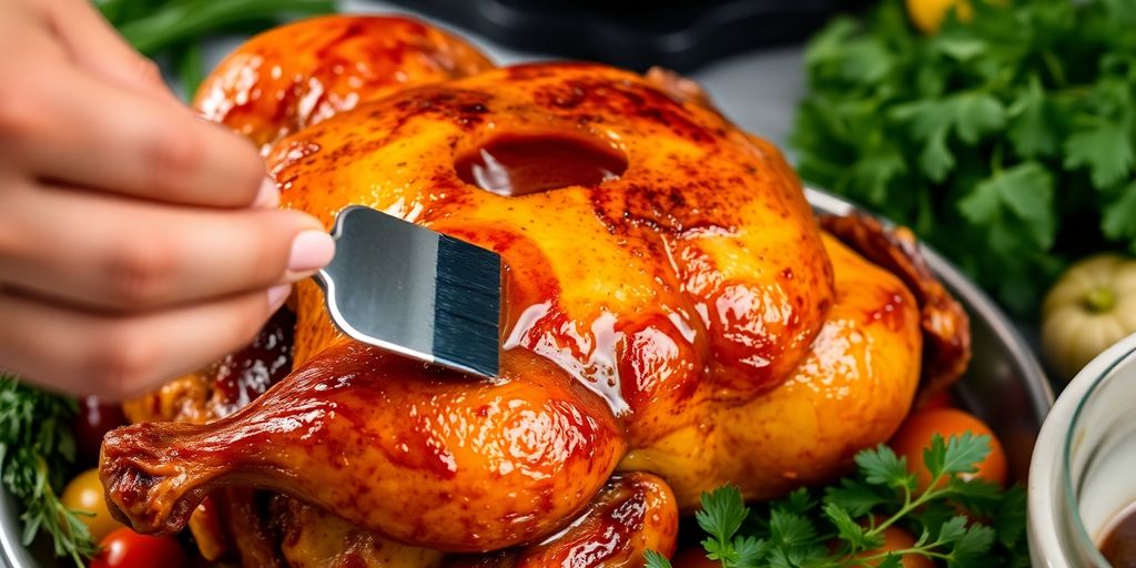 Person basting a roast chicken with a baster.