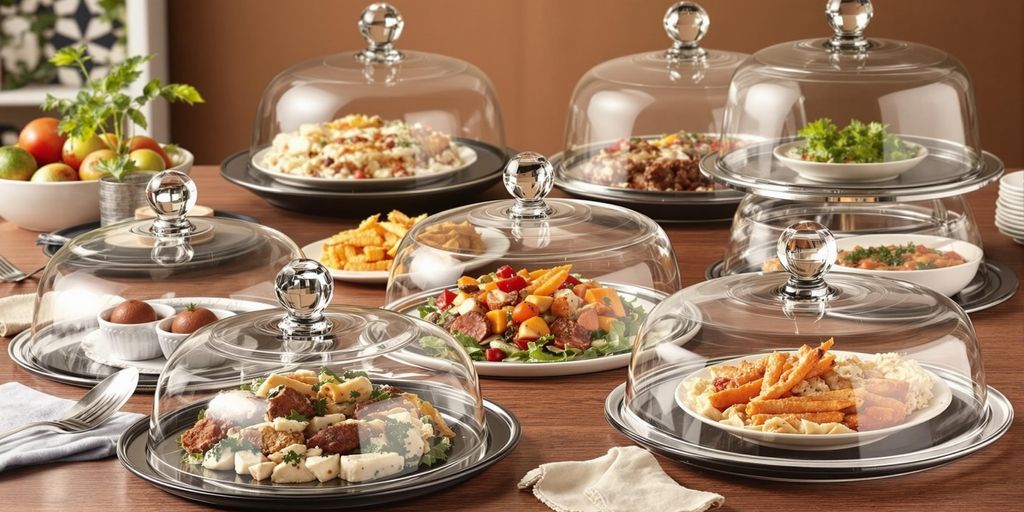 Elegant food domes covering fresh meals on a wooden table.