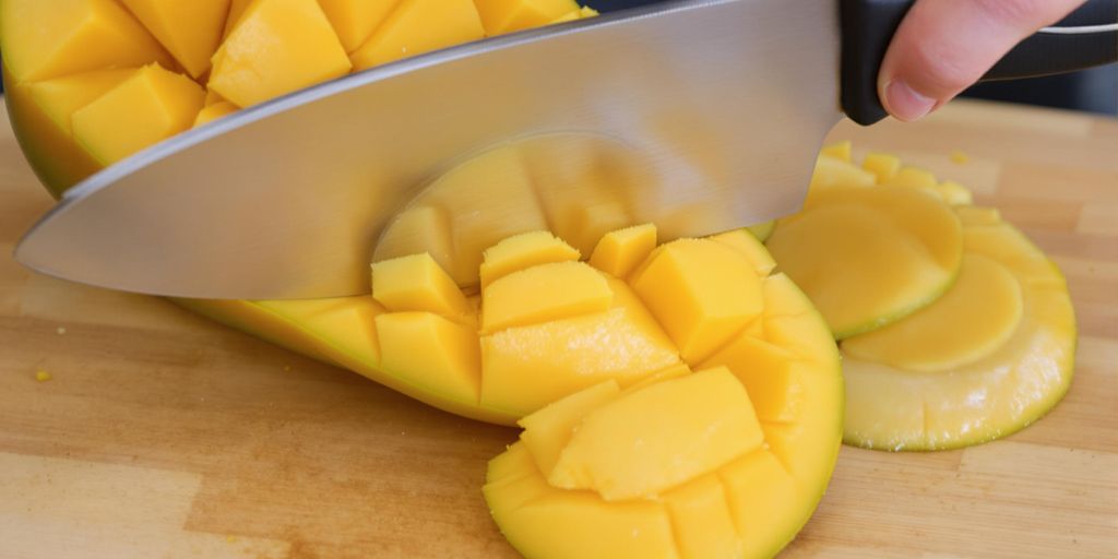 Mango slicer with sliced mango on a cutting board.