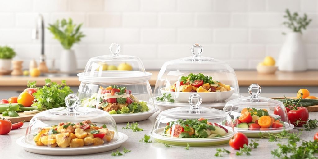 Collapsible food domes on a kitchen countertop with dishes.
