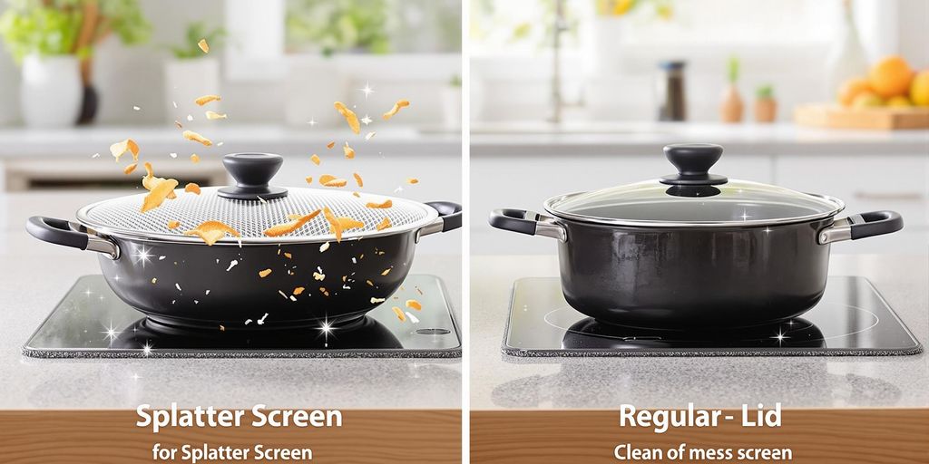 Comparison of splatter screen and regular lid in kitchen.