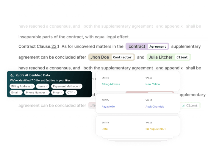 Kudra AI identifying 7 different entities (Billing Address, Items, Email) in a contract, showcasing AI-powered data entry and extraction benefits.