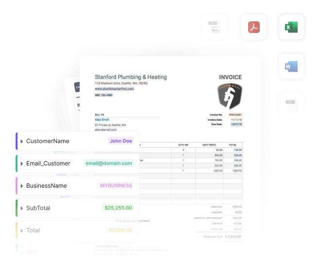Kudra AI automatically retrieving and extracting key data fields (CustomerName, Email, Total) from an invoice, supporting various file formats.