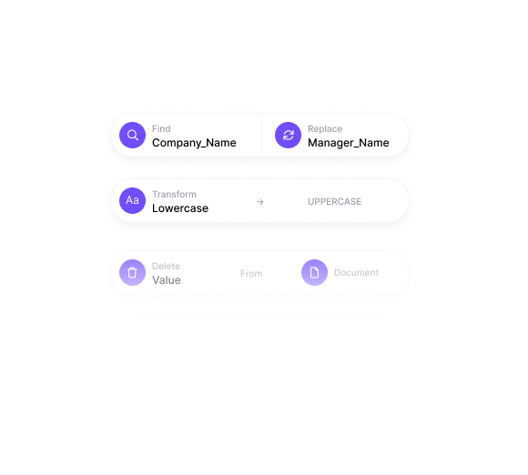 Kudra's post-processing tools for financial spreading: Find Company_Name, Replace Manager_Name, Transform Lowercase to UPPERCASE, and Delete Value.