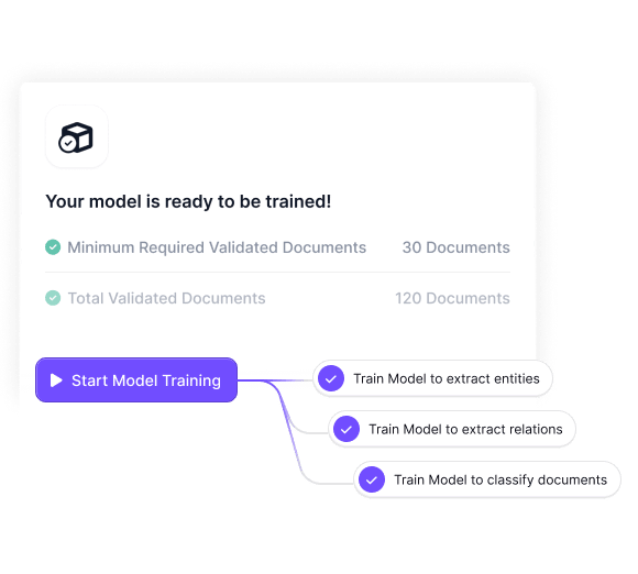 Kudra AI model training interface: 'Your model is ready to be trained!' with options to train for entities, relations, and document classification.