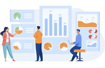 Team of professionals analyzing various charts and graphs, symbolizing data analysis in automated claims management and insurance processing.