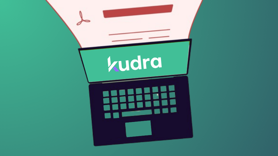 Kudra logo displayed on a laptop screen with a document feeding into it, representing automated data input and intelligent data management solutions.
