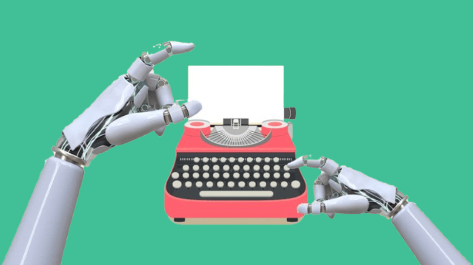 Robotic hands operating a vintage typewriter, symbolizing the evolution to automated data entry and AI-powered business efficiency with Kudra.