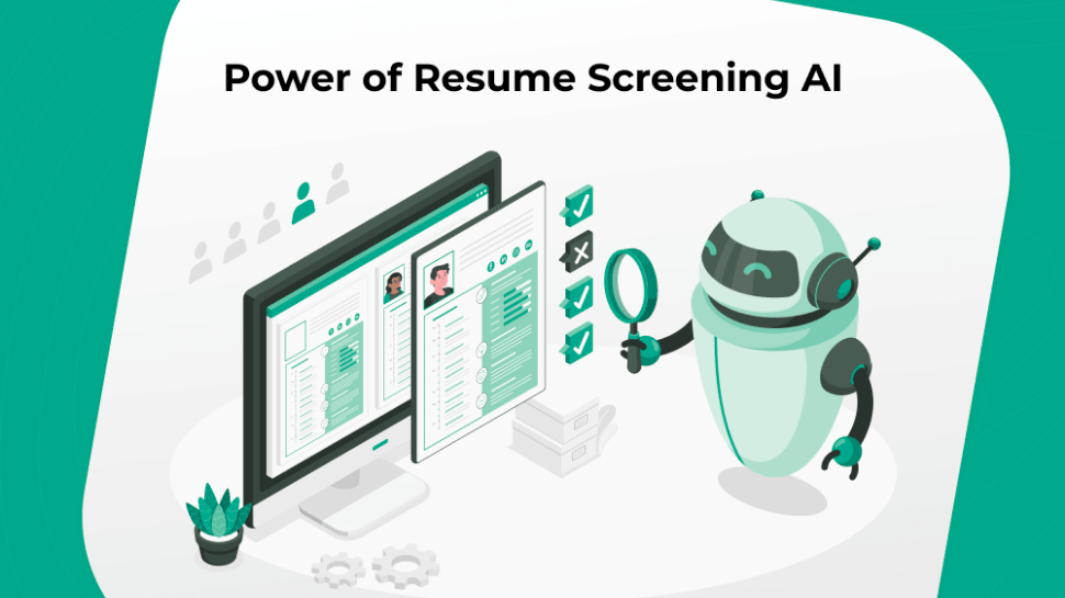 Illustration: 'Power of Resume Screening AI' with a friendly robot using a magnifying glass to analyze candidate resumes on a computer screen.