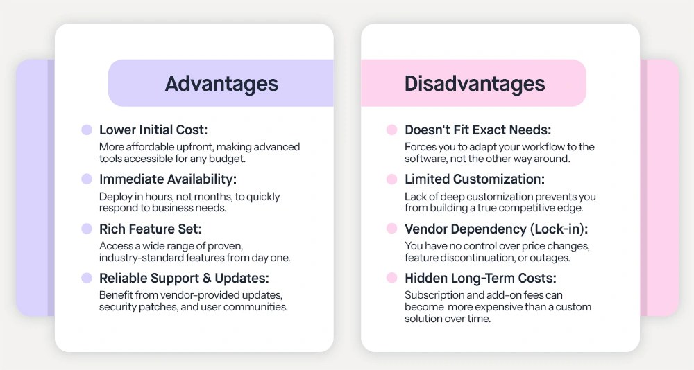 Kuiperz blog image lists off-the-shelf software advantages and disadvantages for businesses.