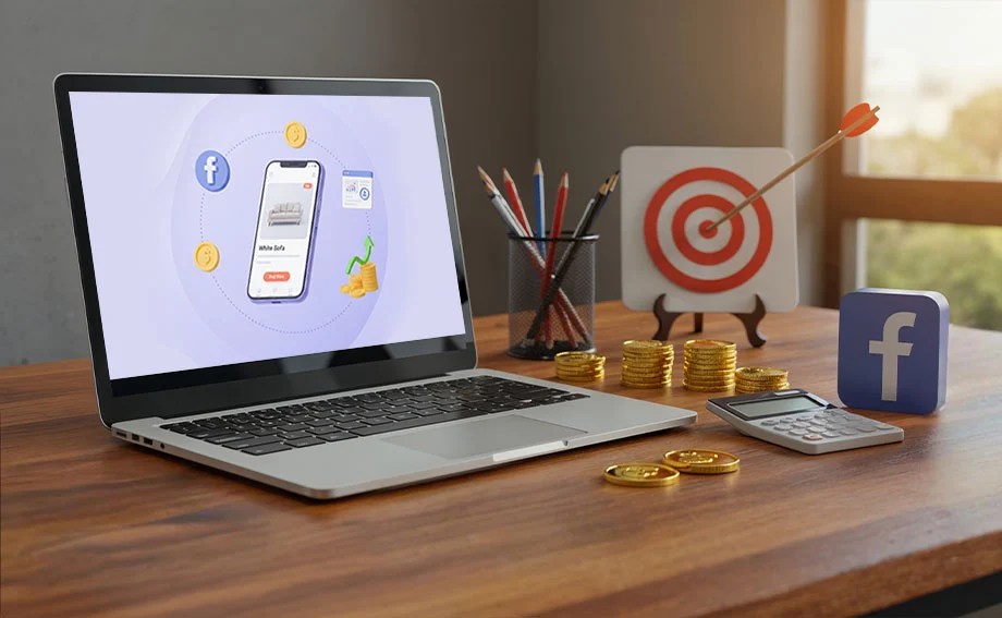 KuiperZ blog explains Facebook Ads budget calculator, helping digital marketers manage costs with coins, calculator, and target visuals in Bangladesh.