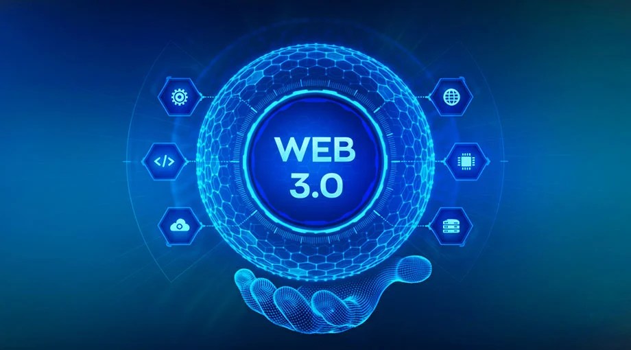 Kuiperz blog image shows Web3 business benefits with a digital hand holding a Web 3.0 orb surrounded by tech icons.