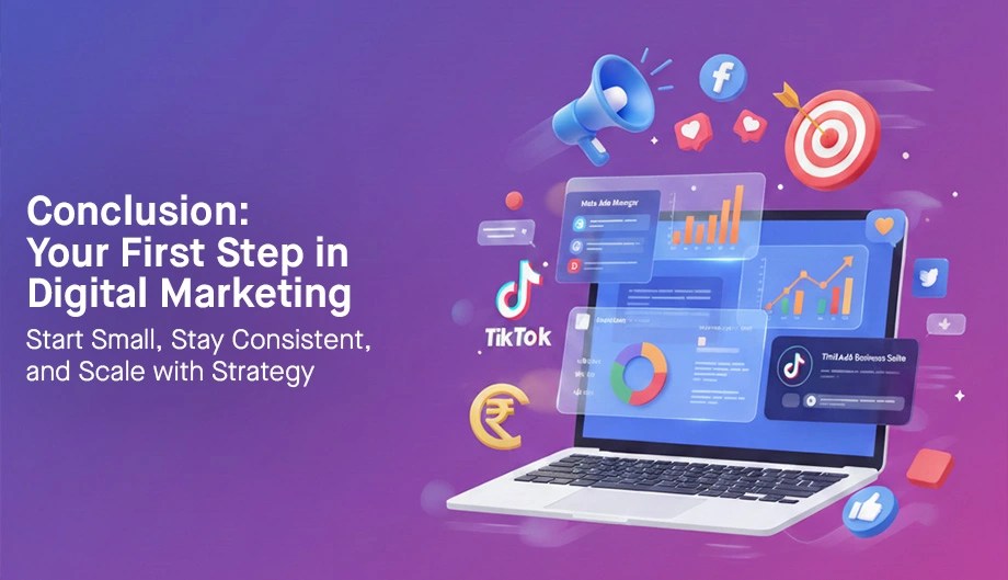 Purple background with laptop displaying analytics, social media icons (Facebook, TikTok), target, and megaphone for Bangladesh SME’s first-step digital marketing launch with Tk 50k budget