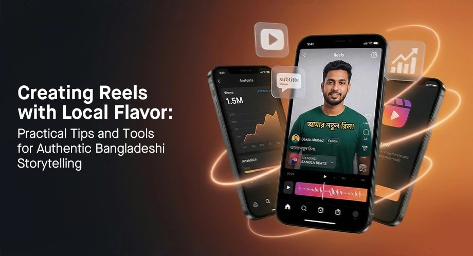 Bangladeshi Reels creator using green shirt with 'আमार नतुन टिशार्ट' (My New T-shirt) text, analytics showing 1.5M views, and growth charts for authentic local storytelling