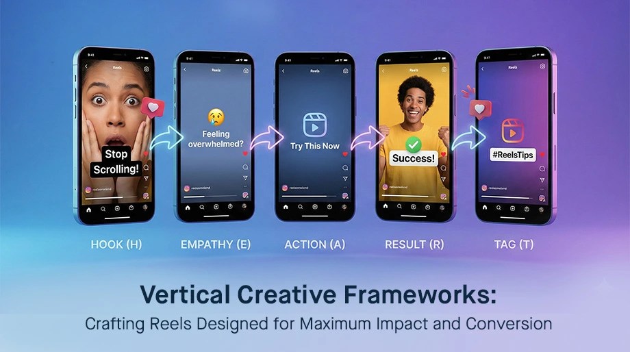 Bangladesh Reels HEART framework showing 5 vertical phone templates (Hook, Empathy, Action, Result, Tag) for structured content that converts Bengali audiences