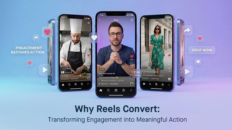 Bangladesh Reels conversion strategy showing 3-phone visual with chef, speaker & fashion content transforming engagement into sales via strategic funnel tactics
