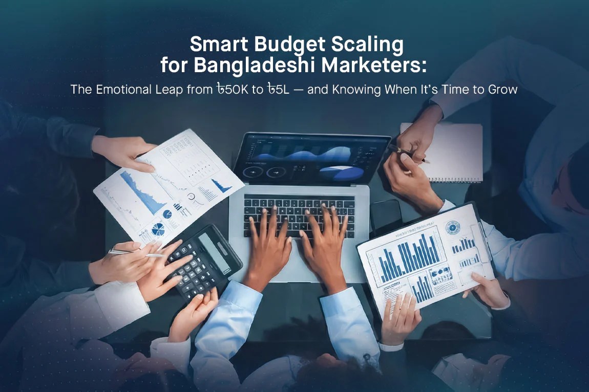 KuiperZ Google search result showing Bangladesh 2025 budget scaling guide with hands holding BDT currency and growth charts for 50k→5L ad spend