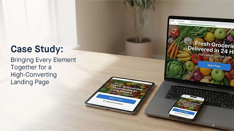 Bangladeshi grocery delivery case study showing mobile/desktop optimized landing page with 'Start Free' CTA for fresh produce conversion