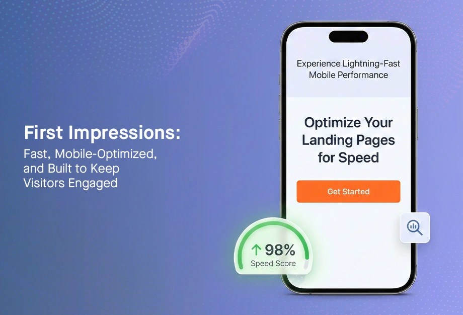 Bangladeshi mobile landing page showing 98% speed score with 'Get Started' CTA for fast mobile network performance in Dhaka/Chittagong