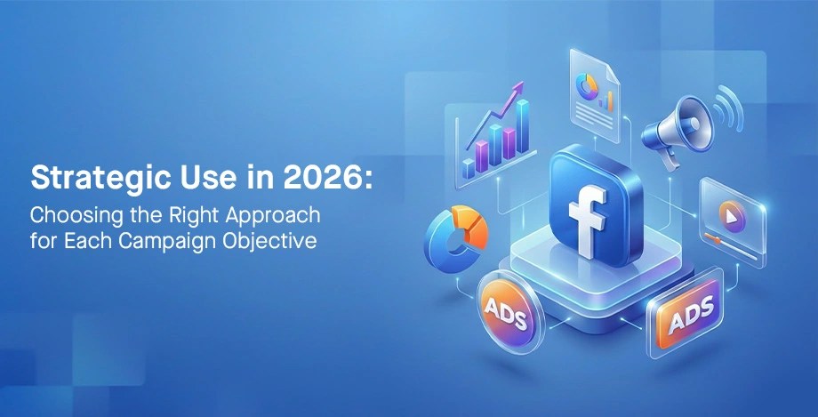 Isometric Facebook Ads graphic with charts, megaphone, and platform icons for matching 2026 Bangladesh campaign objectives to ad tools