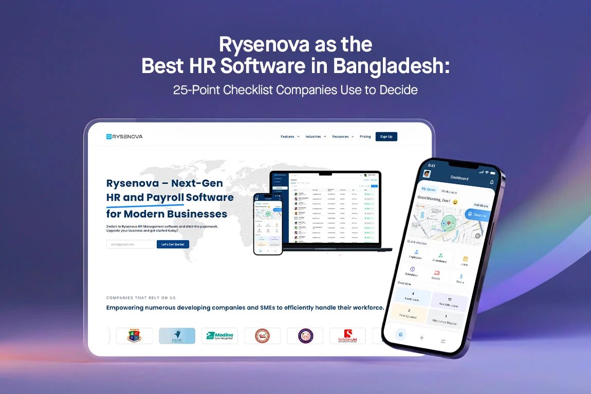 KuiperZ Bangladesh HR software checklist showing Rysenova's 25-point evaluation for features, usability, and ROI in 2026
