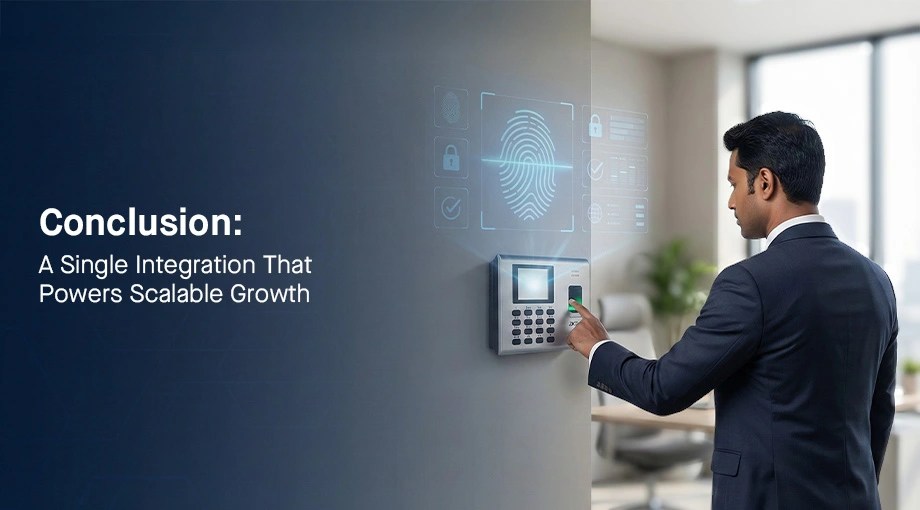 Business professional using biometric fingerprint scanner with digital security overlays demonstrating single integration for scalable biometric system growth