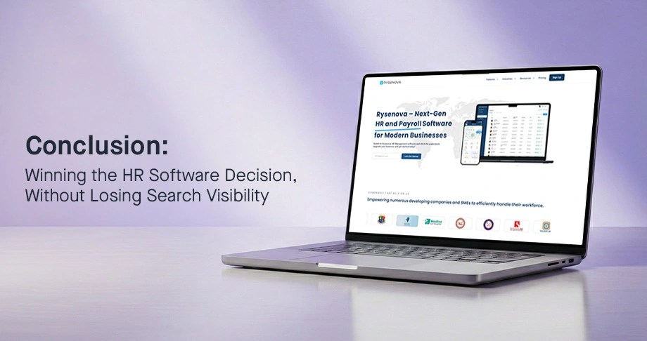 Laptop showing Rysenova as the Best HR Software in Bangladesh with conclusion on winning HR software decision and Google search visibility in Bangladesh 2026