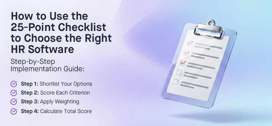 Bangladeshi 25-point HR software checklist guide showing 4-step implementation (shortlist, score, weight, calculate) for efficient 30-minute evaluation
