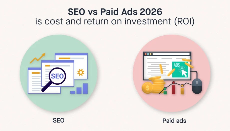 Side-by-side comparison of SEO (magnifying glass) and paid ads (coins) showing cost structures and ROI differences for 2026 marketing
