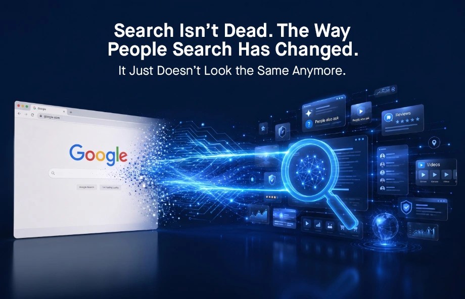 Google search page transforming into AI-powered digital search interfaces showing evolution from traditional to modern search behavior