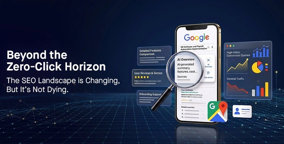 Smartphone displaying Google AI Overview with zero-click search results, featured snippets, and changing SEO landscape visualization