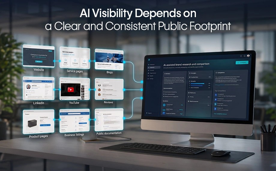 AI research dashboard comparing brands using websites, blogs, LinkedIn, YouTube, reviews, listings and public documentation