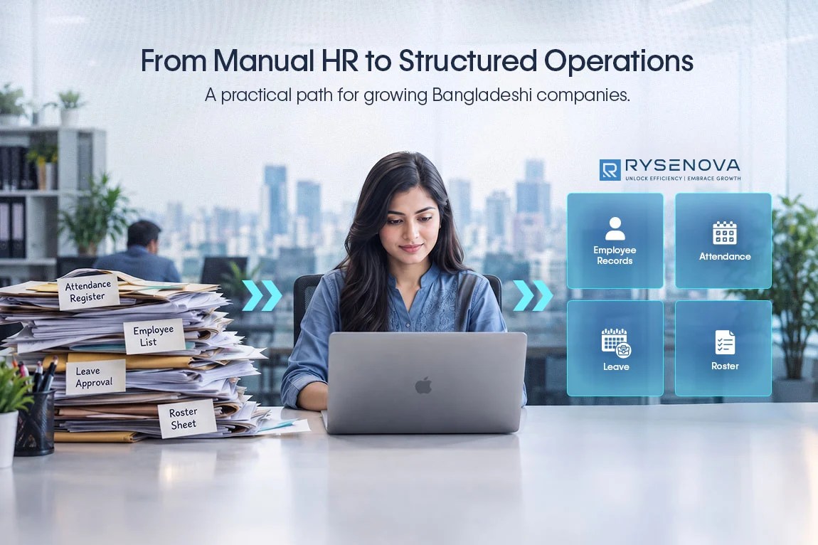 KuiperZ search result for Rysenova digital HR in Bangladesh, showing a woman using a laptop.