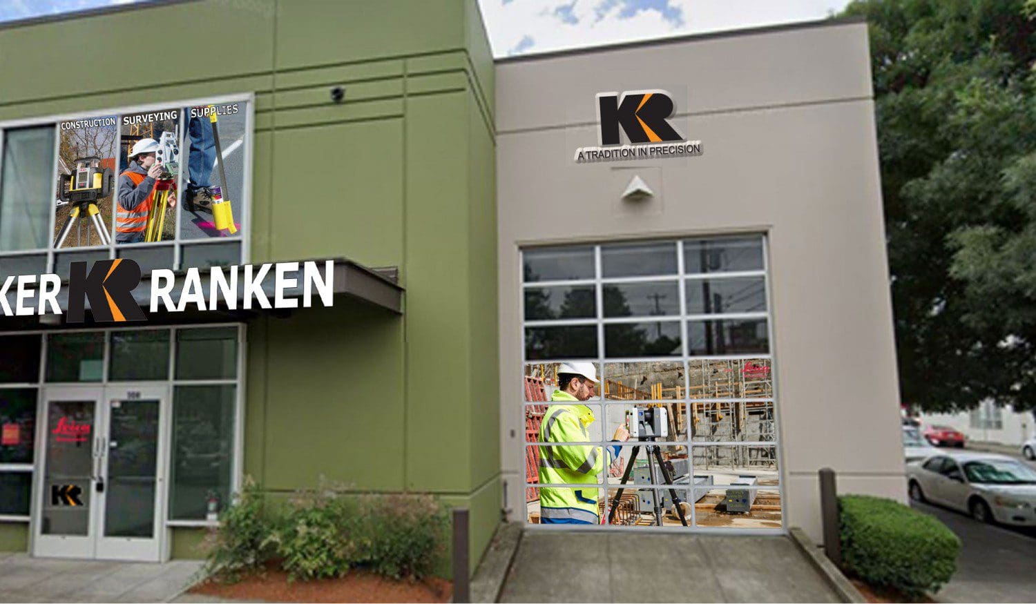 Commercial building with large windows and signage.