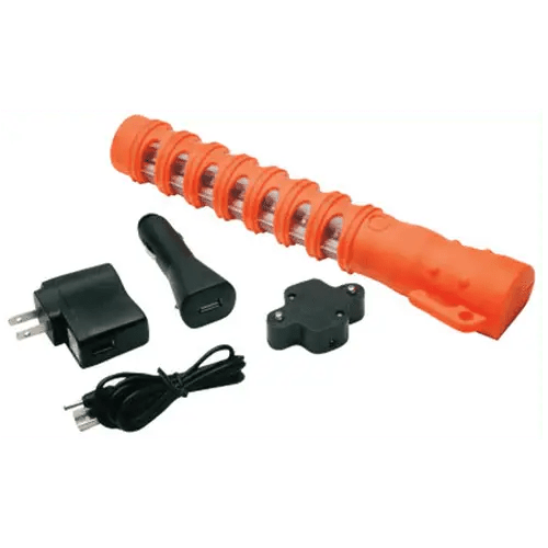 Orange flashlight with chargers and accessories.