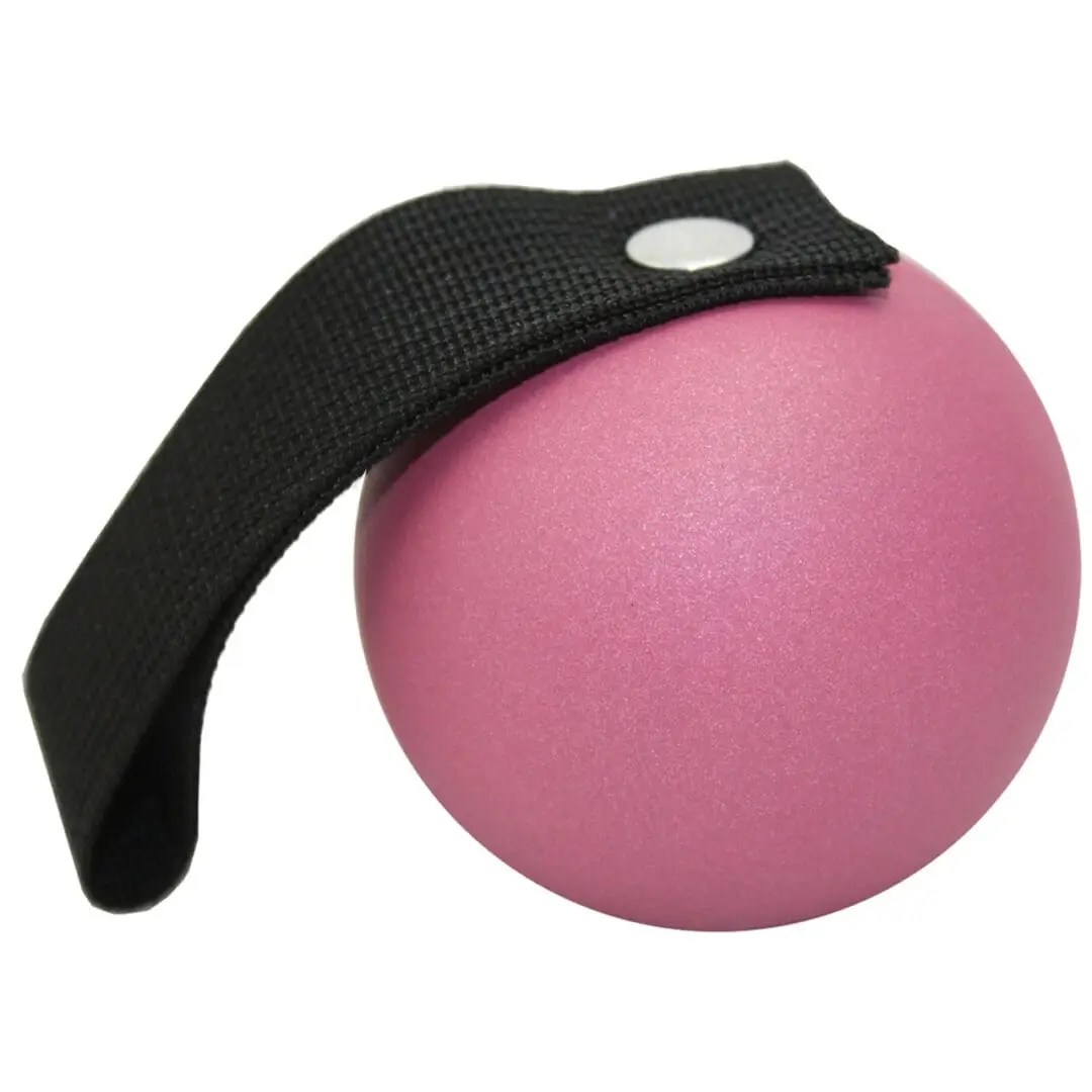 Pink therapy ball with handle.