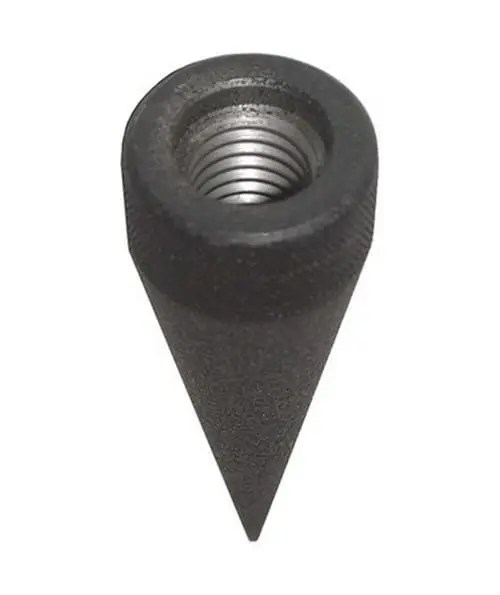 Cone-shaped metal tool with threaded opening.