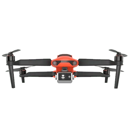 Orange drone with camera, front view.