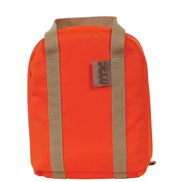 Orange backpack with beige straps.