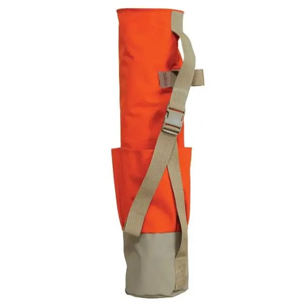 Orange fabric bag with beige strap.