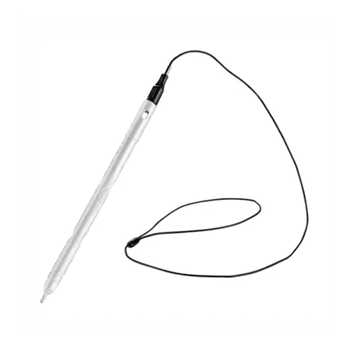 Metallic stylus with attached black cord.