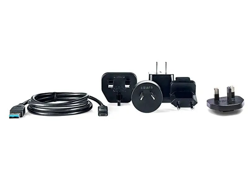 Power adapters and cable set on display.