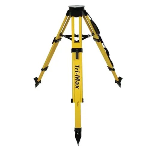 Yellow surveying tripod with adjustable legs.