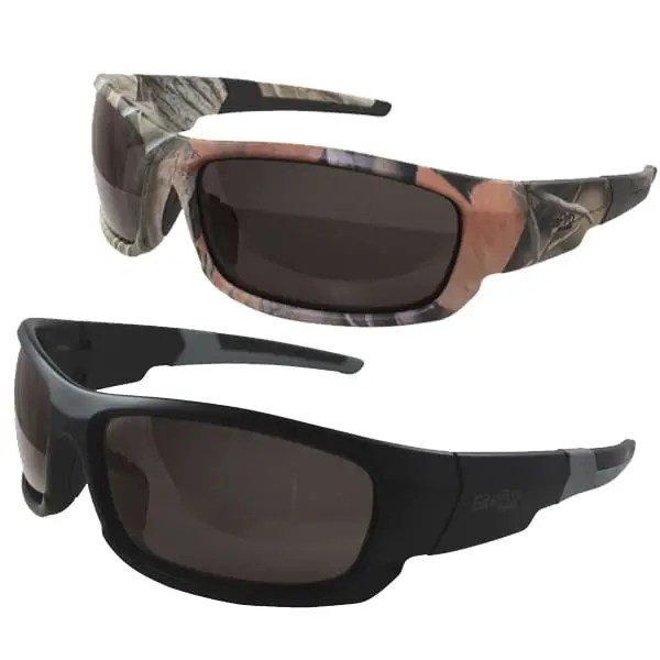 Two pairs of sunglasses, camo and black.