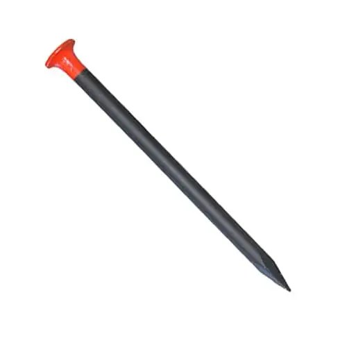 Black nail with red cap on white.