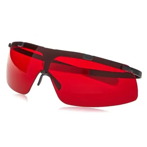 Red sunglasses with sporty design.