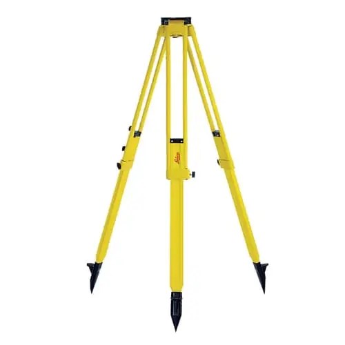 Yellow surveying tripod with pointed feet.