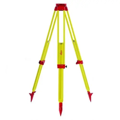 A yellow and red Leica GST120-9 Wooden Tripod on a white background.