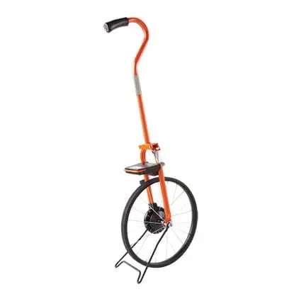 Orange unicycle with handle and footrest.